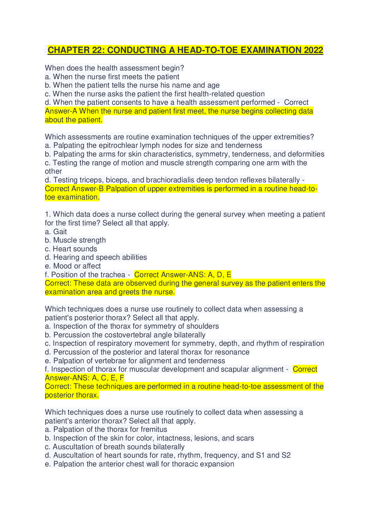 Preview image of CHAPTER 22: CONDUCTING A HEAD-TO-TOE EXAMINATION 2022 document